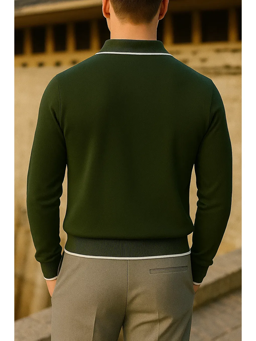 Erkek Çizgili Trend Uzun Kollu Haki Polo Yaka Kazak-4