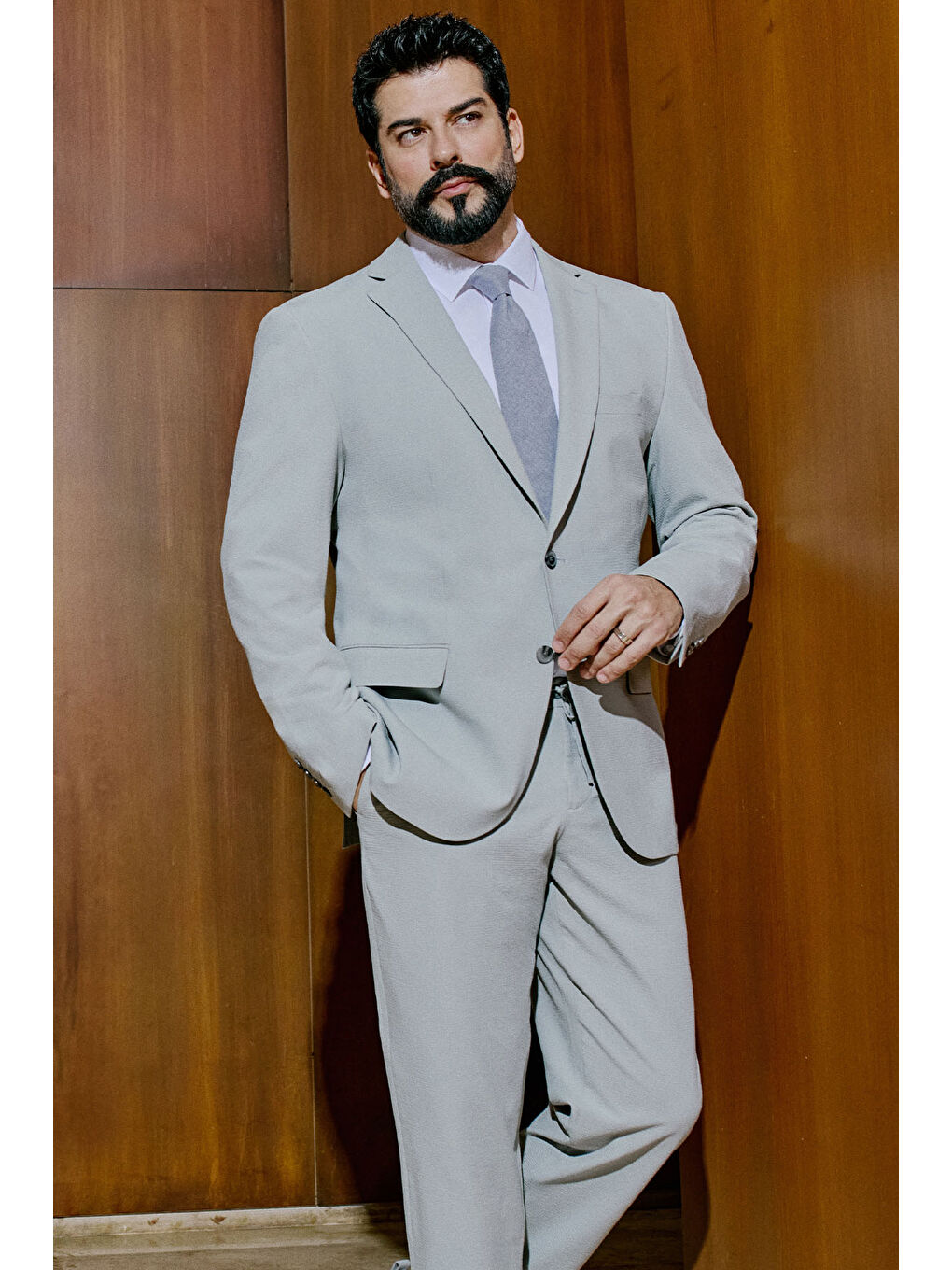 Erkek Gri Slim Fit Dar Kesim Mono Yaka Beli Bağlamalı Kapak Cepli Esnek Takım Elbise