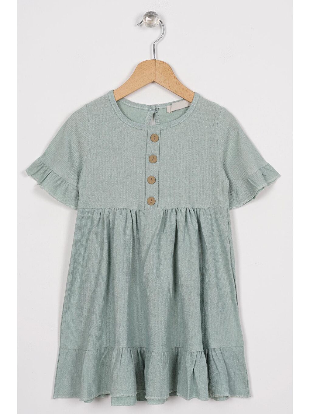 Yeşil Bisiklet Yaka Kısa Kol Fırfırlı Düğmeli Mint Renk Kız Çocuk Elbise
