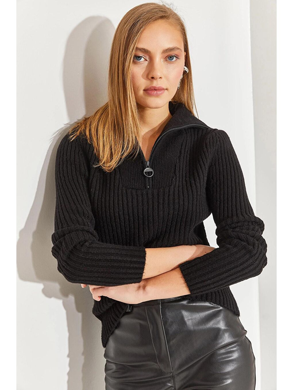 Siyah Kadın Balıkçı Yaka Fermuarlı Triko Kazak-4