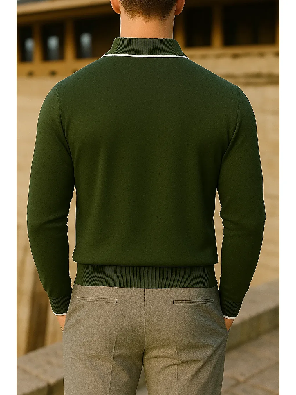 Erkek Çizgili Trend Uzun Kollu Haki Polo Yaka Kazak-5