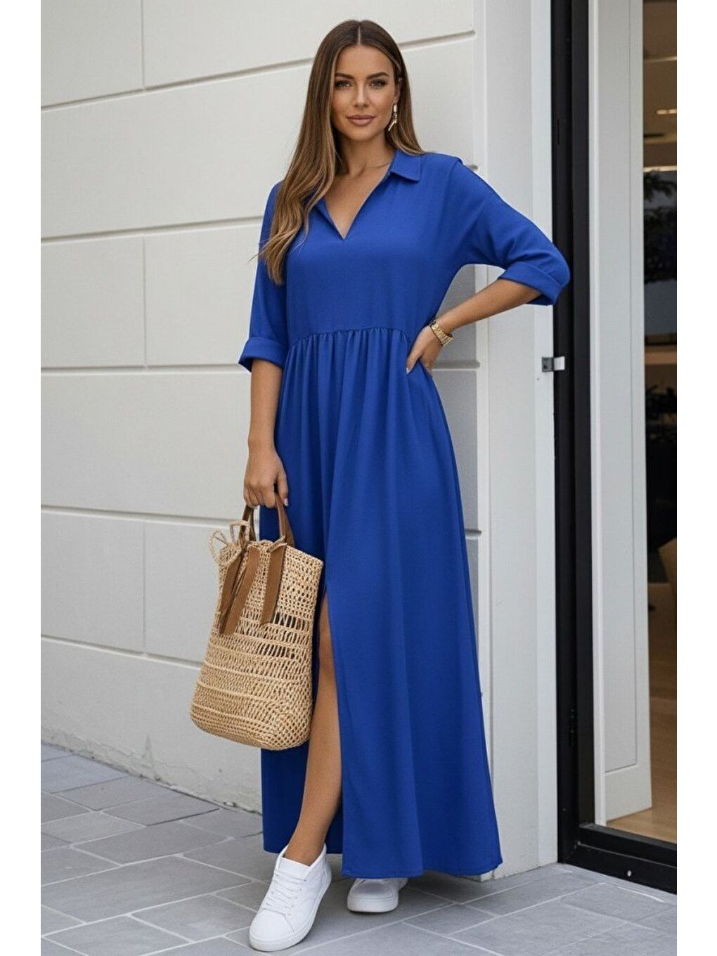 Mavi Kadın Truvakar Kollu V Yakalı Yırtmaçlı Uzun Aerobin Elbise-2