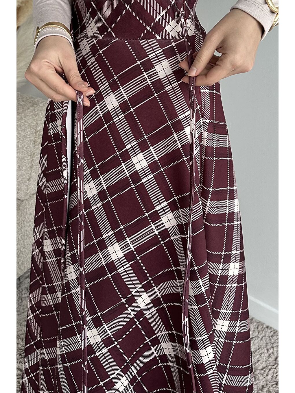 Bordo Ekose Desenli Bel Bağlamalı Kiloş Scuba Tesettür Etek-7