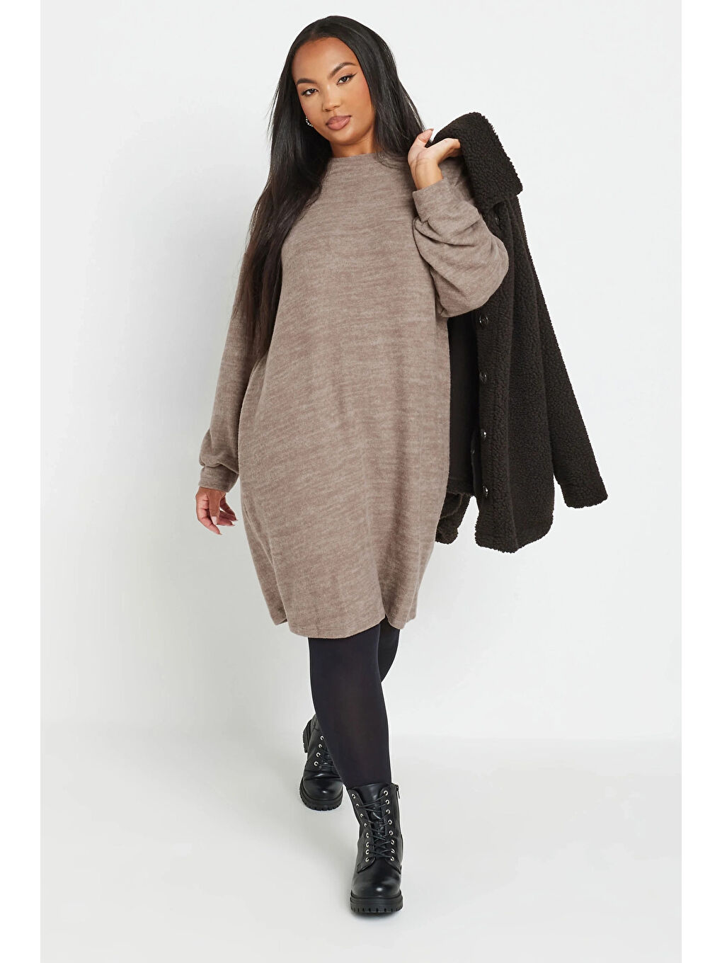 Kahverengi Büyük Beden Uzun Kollu Bisiklet Yaka Yumuşak Dokulu Elbise 321599