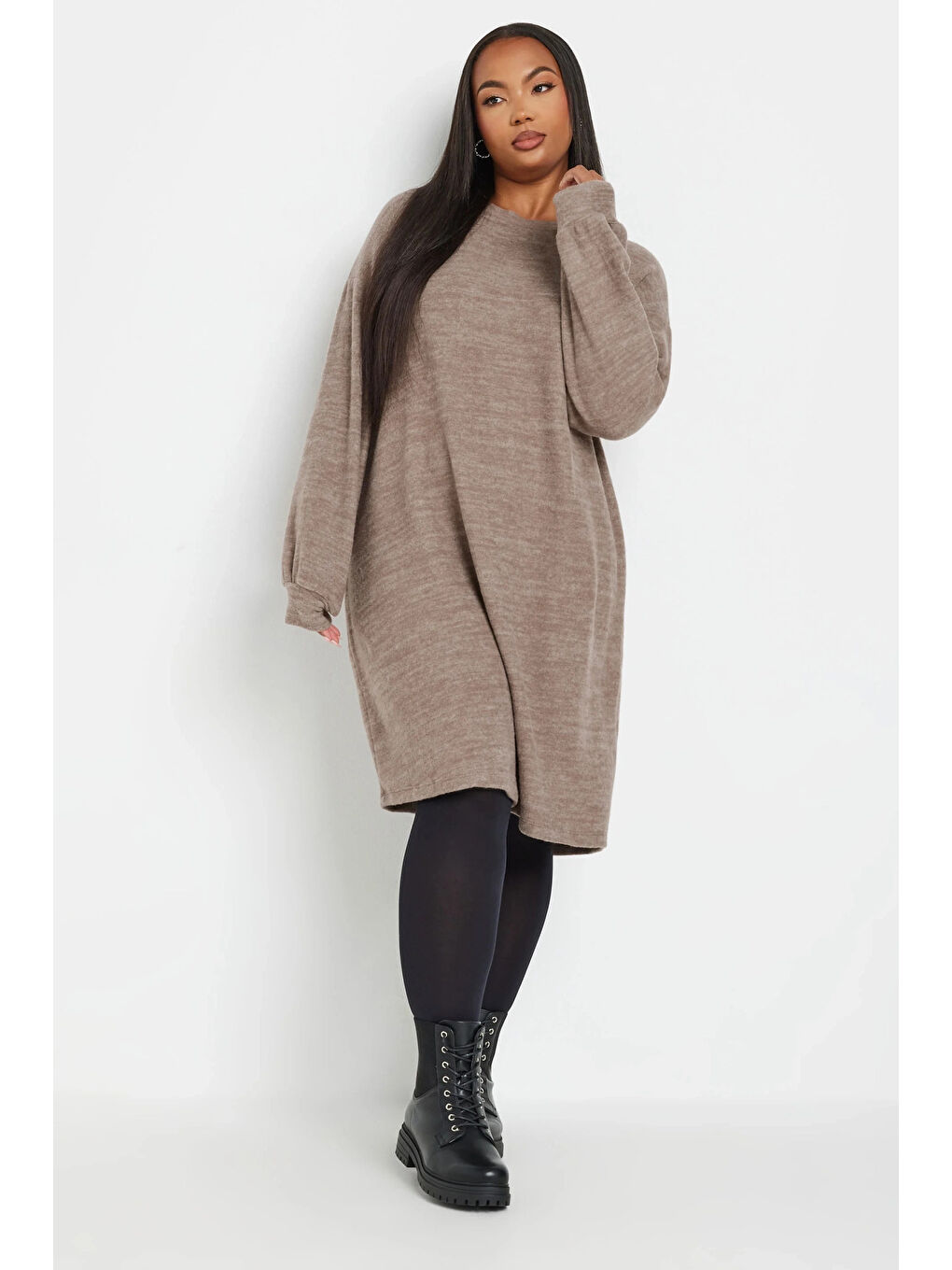 Kahverengi Büyük Beden Uzun Kollu Bisiklet Yaka Yumuşak Dokulu Elbise 321599-1