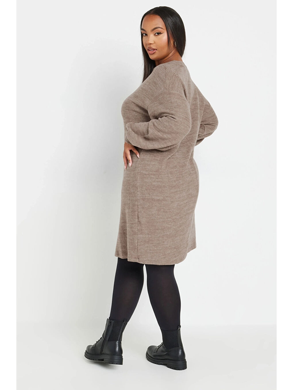 Kahverengi Büyük Beden Uzun Kollu Bisiklet Yaka Yumuşak Dokulu Elbise 321599-4