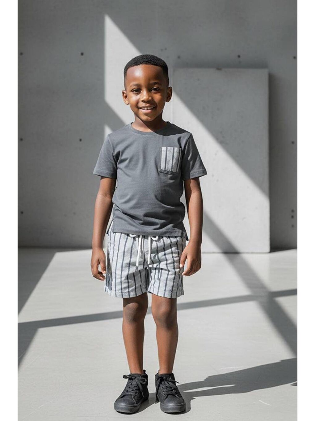 Erkek Çocuk Pamuklu Antrasit Cep Detaylı T-Shirt Ve Şort Takım-1