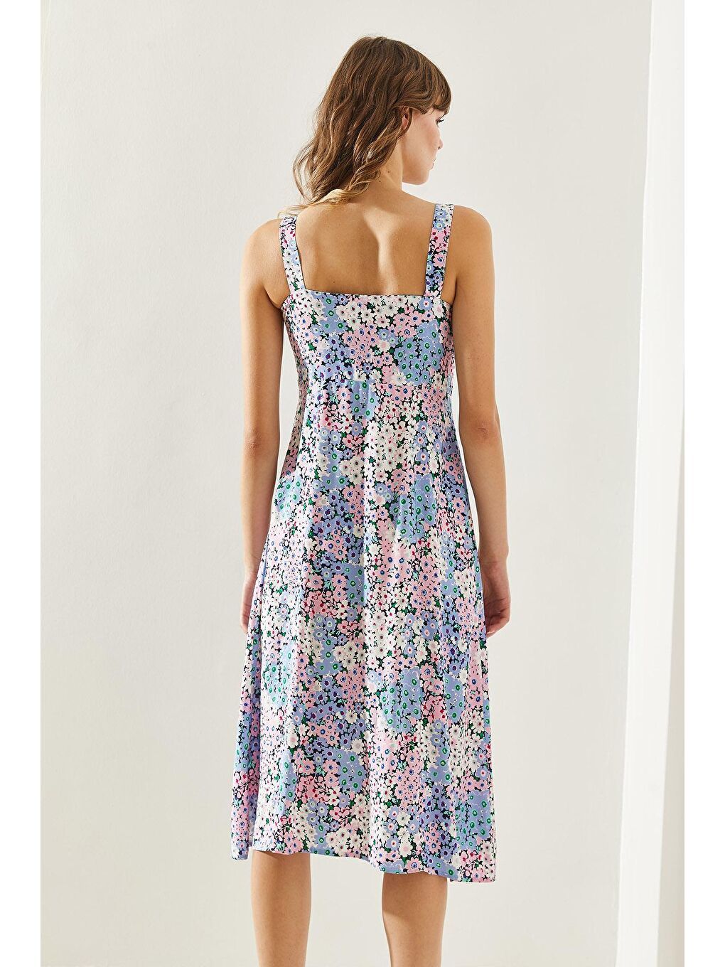 Mavi Kadın Kalın Askılı Yırtmaç Detaylı Viskon Elbise-1