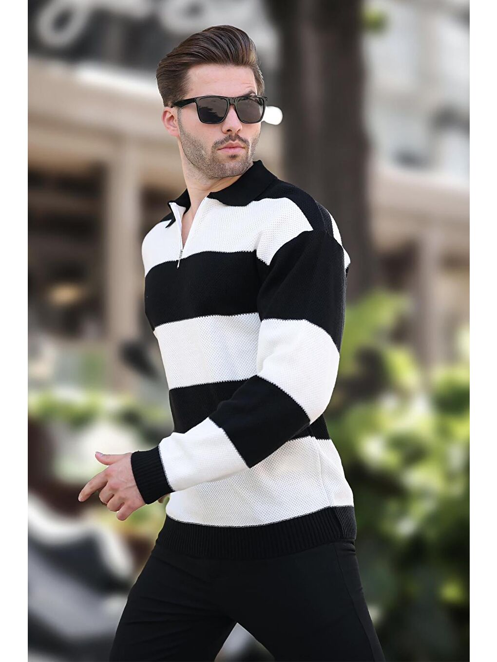 Siyah Fermuar Yaka Renk Bloklu Uzun Kollu Kazak 7280-2