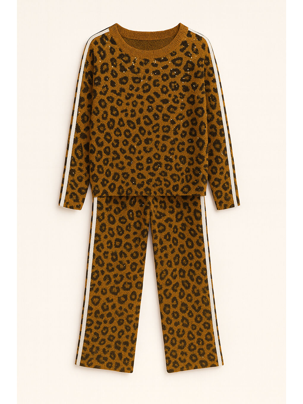 Kahverengi Kız Çocuk Taş Detaylı Bol Paça Triko İkili Takım – Yan Şeritli 3-10 Yaş 12296-3