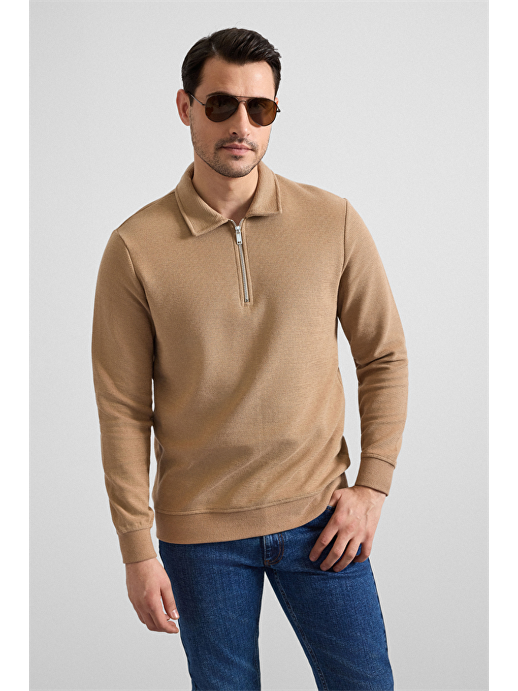 Kahverengi Kiremit Regular Düz Yarım Balıkçı Yaka Sweatshirt