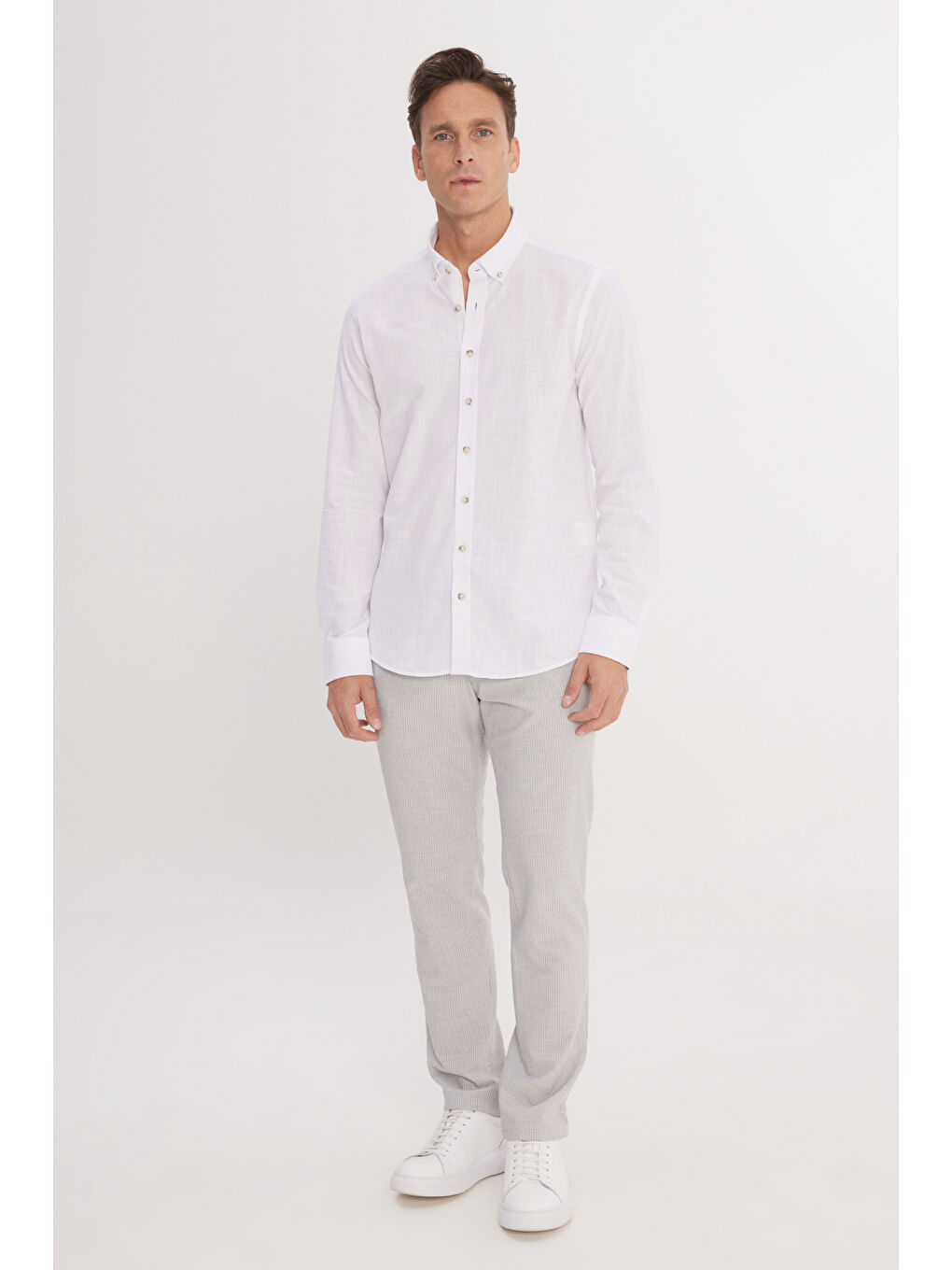 Erkek Beyaz-Gri Comfort Fit Rahat Kesim Yan Cepli Desenli Beli Lastikli Pantolon-2