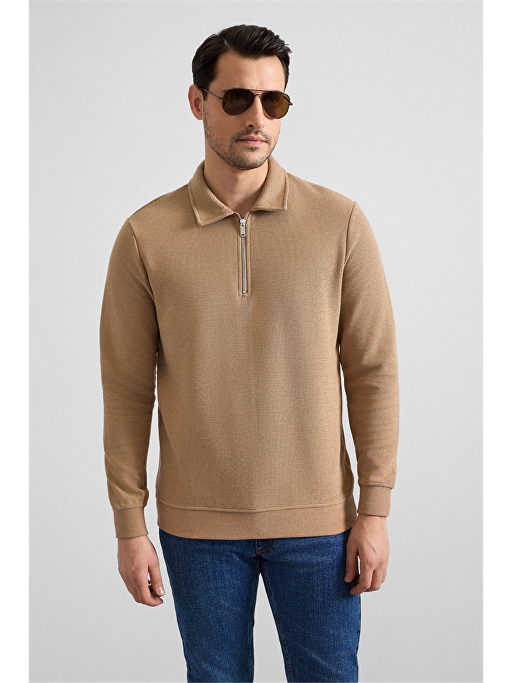 Kahverengi Kiremit Regular Düz Yarım Balıkçı Yaka Sweatshirt-1