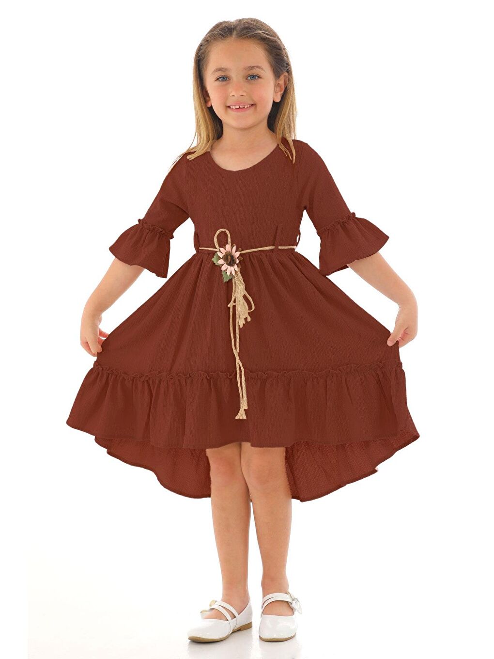 Bisiklet Yaka Karpuz Kol Beli Hasır Kuşaklı Kahverengi Renk Kız Çocuk Elbise
