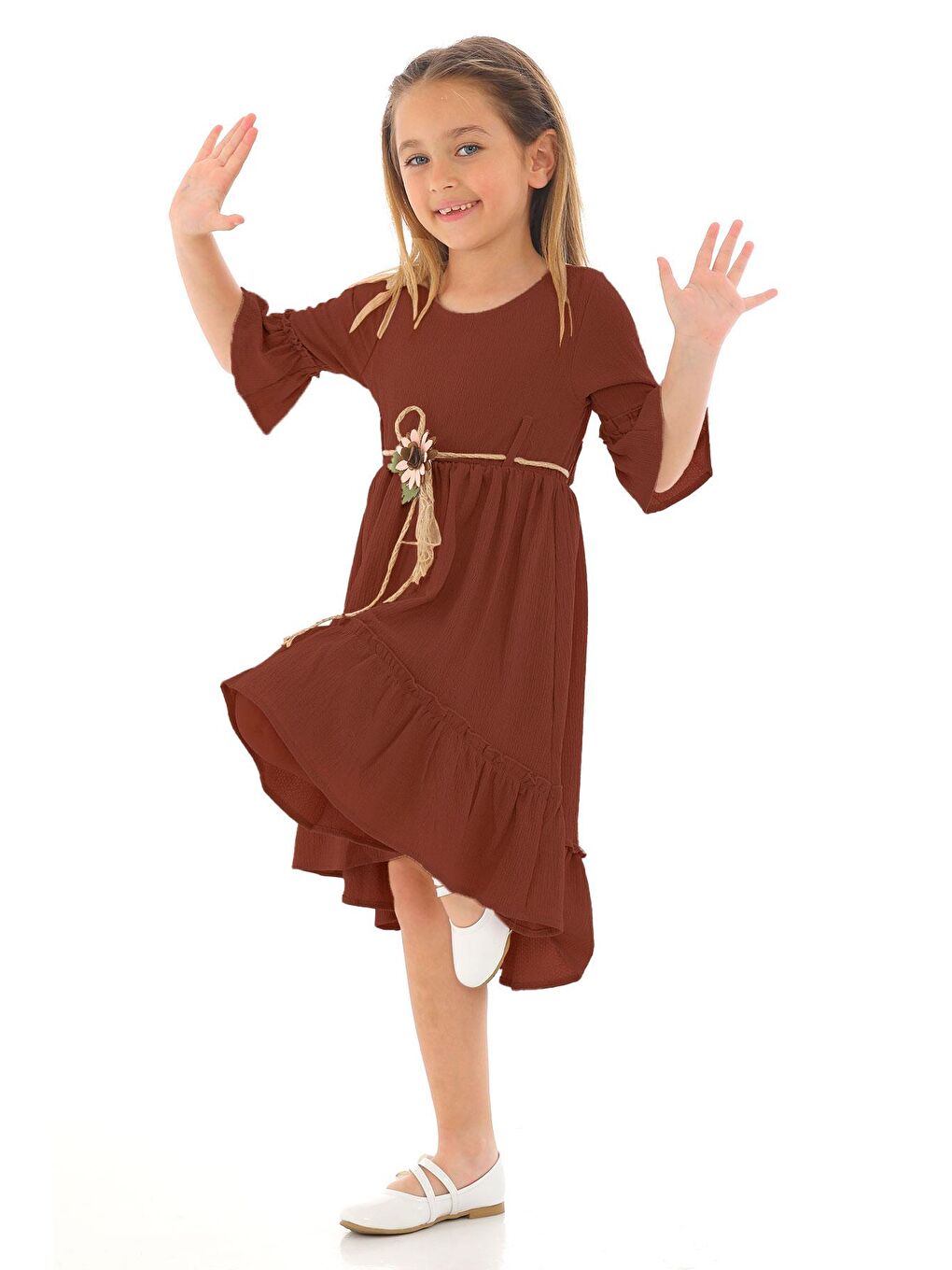 Bisiklet Yaka Karpuz Kol Beli Hasır Kuşaklı Kahverengi Renk Kız Çocuk Elbise-1