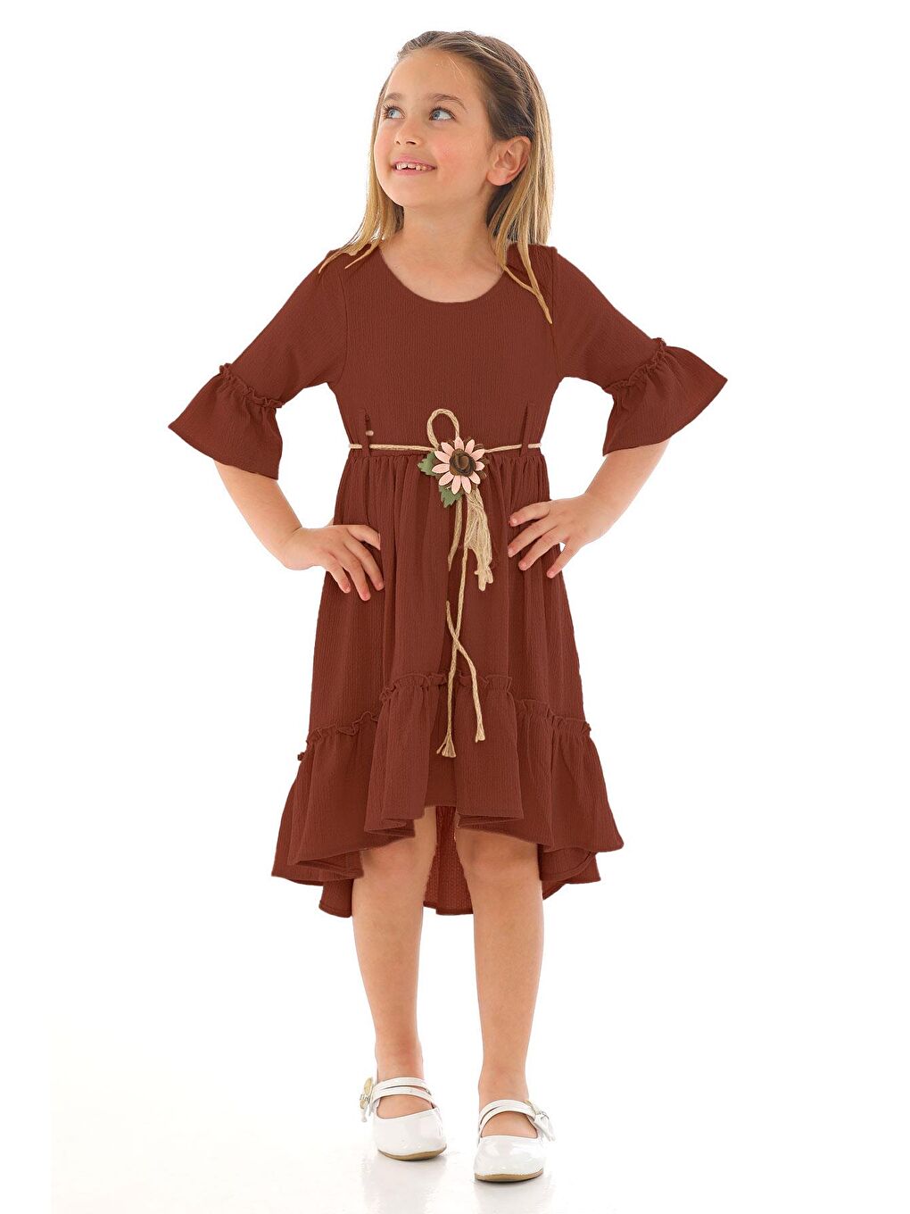 Bisiklet Yaka Karpuz Kol Beli Hasır Kuşaklı Kahverengi Renk Kız Çocuk Elbise-2
