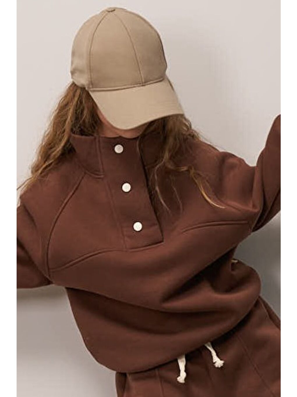 Kahverengi Kahve Dik Yaka Çıt Çıtlı Çocuk Sweatshirt-1