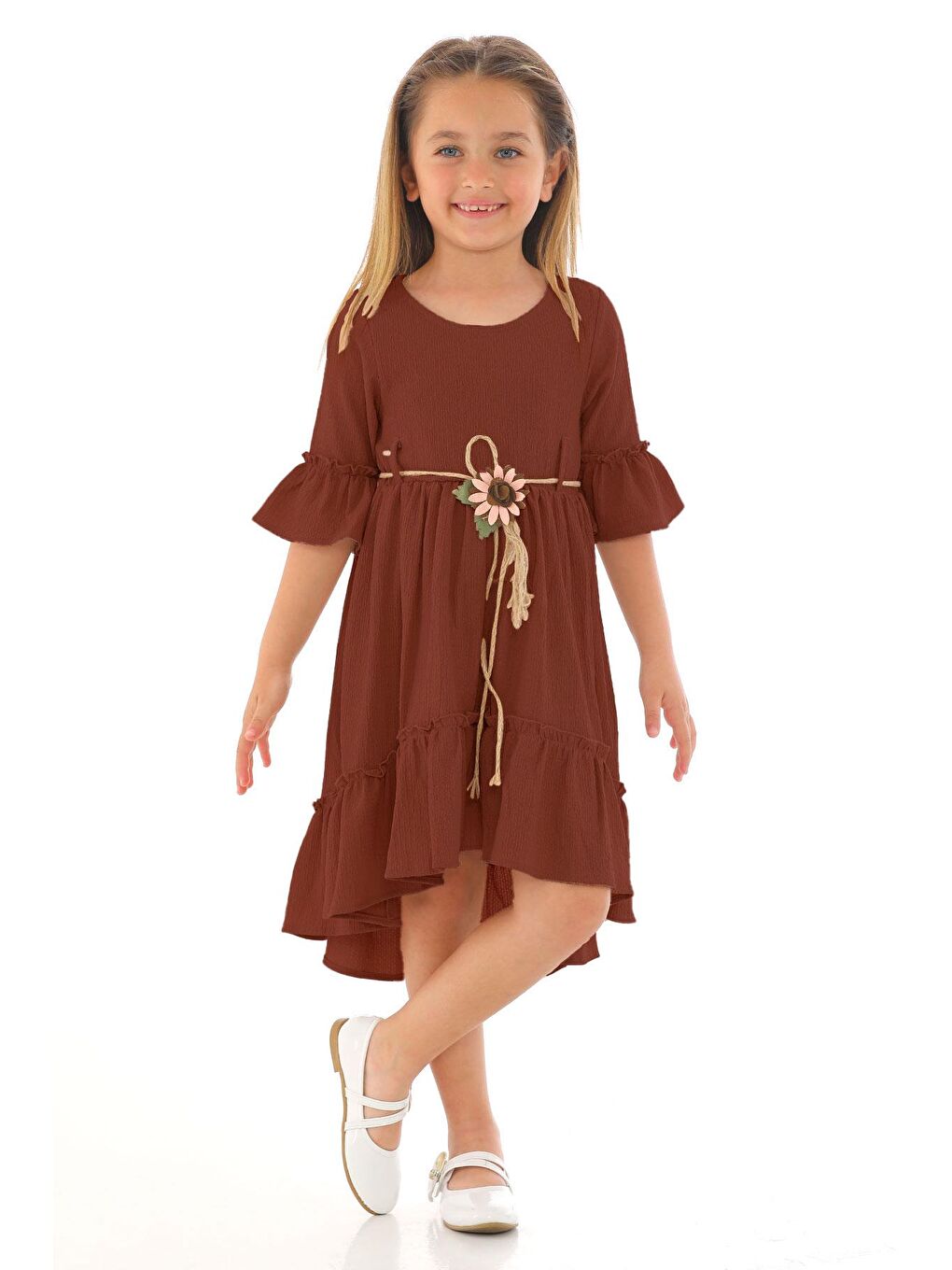 Bisiklet Yaka Karpuz Kol Beli Hasır Kuşaklı Kahverengi Renk Kız Çocuk Elbise-3