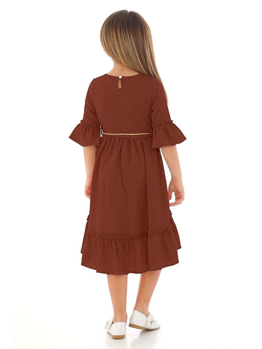 Bisiklet Yaka Karpuz Kol Beli Hasır Kuşaklı Kahverengi Renk Kız Çocuk Elbise-4