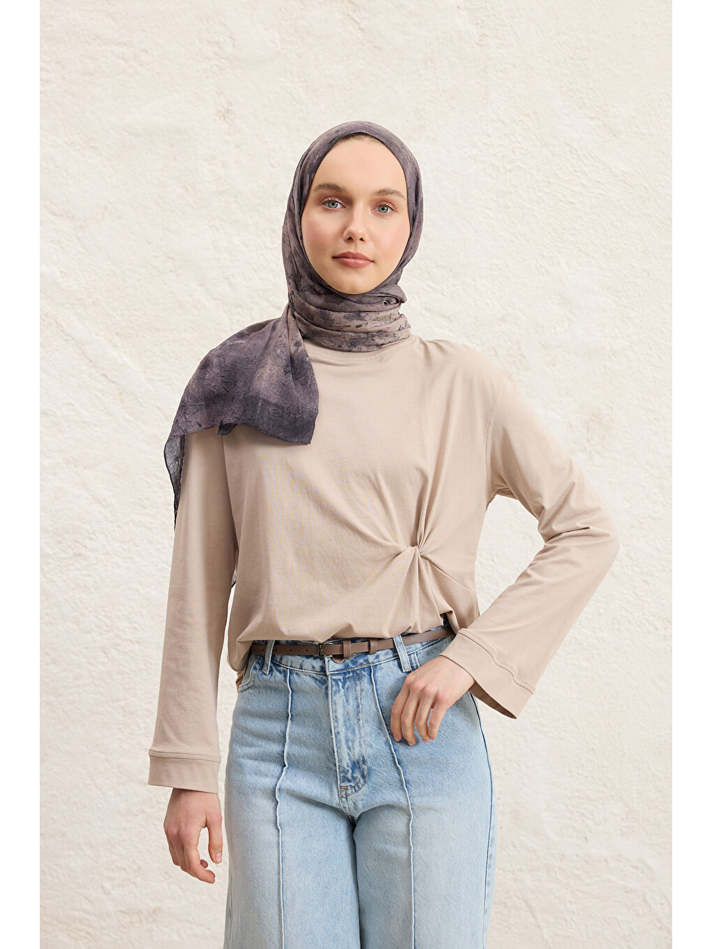 Bej Vela Desenli Pamuk Şal Vizon-1