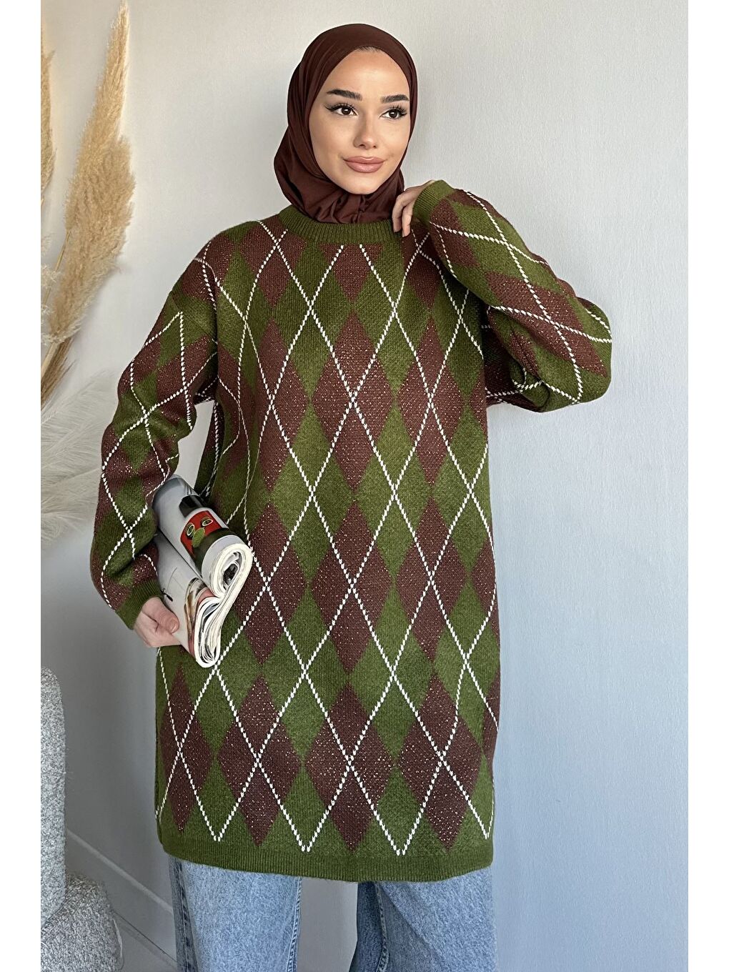 Haki Gülseli Desenli Simli Tesettür Triko Tunik-3