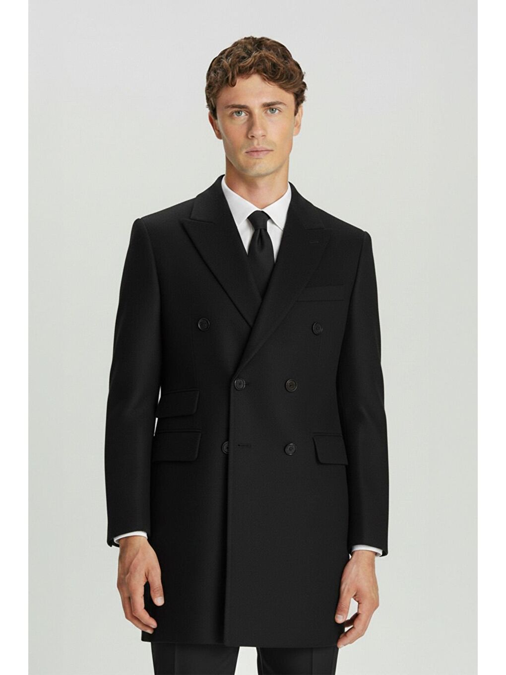 Giotelli Siyah Slim Fit Yün Karışımlı Sivri Yaka Kruvaze 6 Drop Orta Boy Erkek Palto