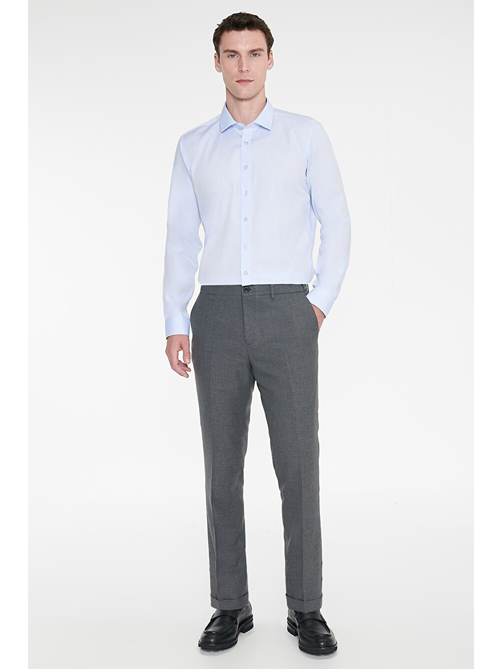 Erkek Açık Mavi Non-ıron Ütü Gerektirmeyen %100 Pamuk Slim Fit Dar Kesim Klasik Yaka Gömlek-1