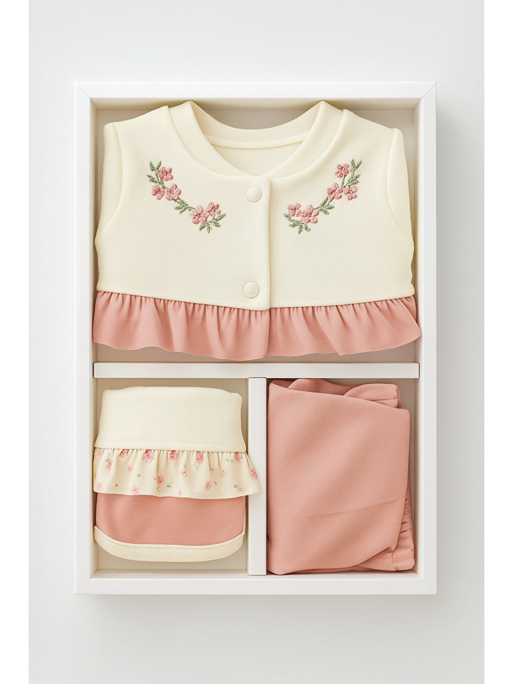 Pembe Kız Bebek Kutulu Çiçek Nakışlı 5li Hastane Çıkış Seti Lüx Pamuklu-1