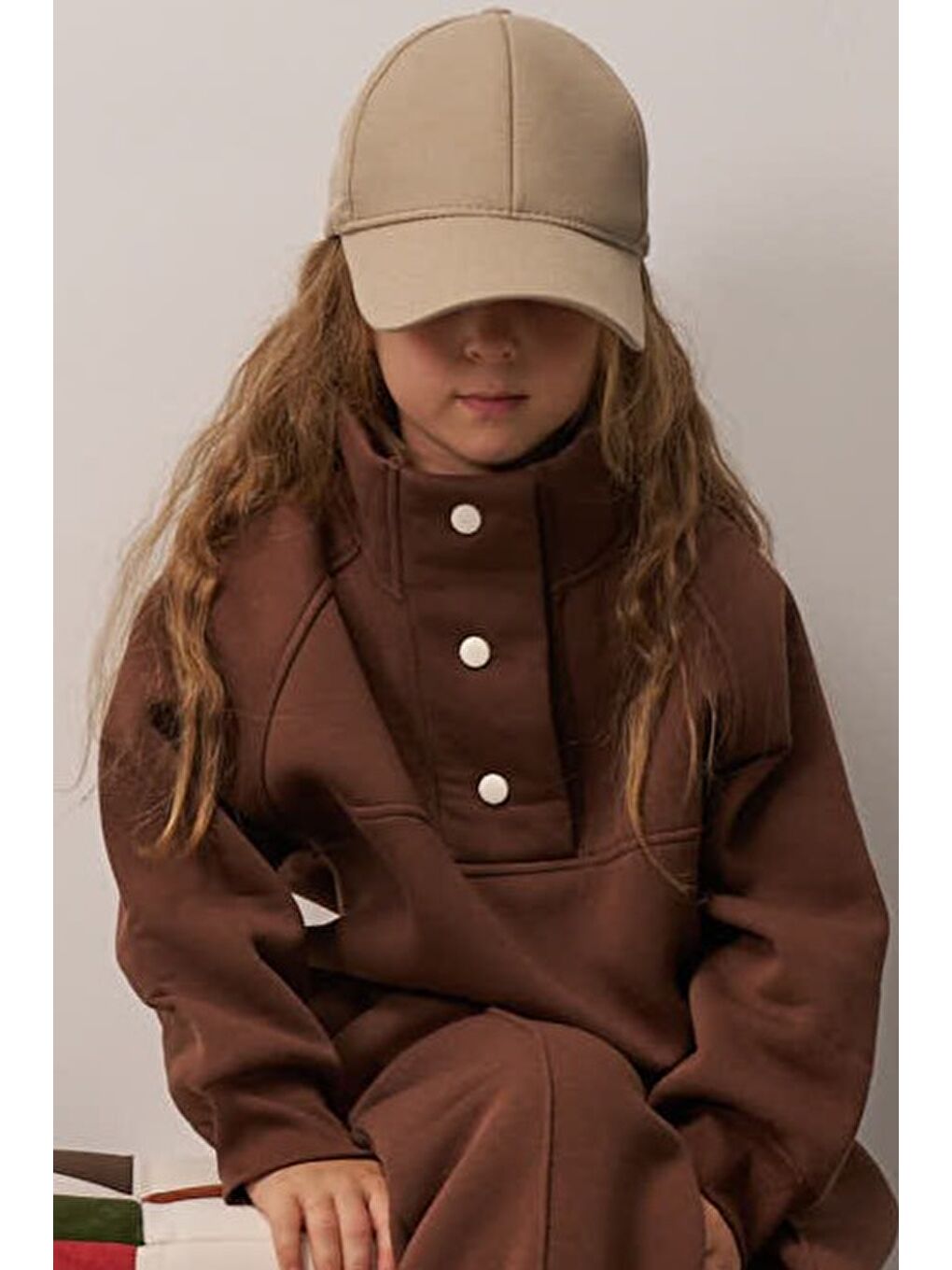 Kahverengi Kahve Dik Yaka Çıt Çıtlı Çocuk Sweatshirt-3