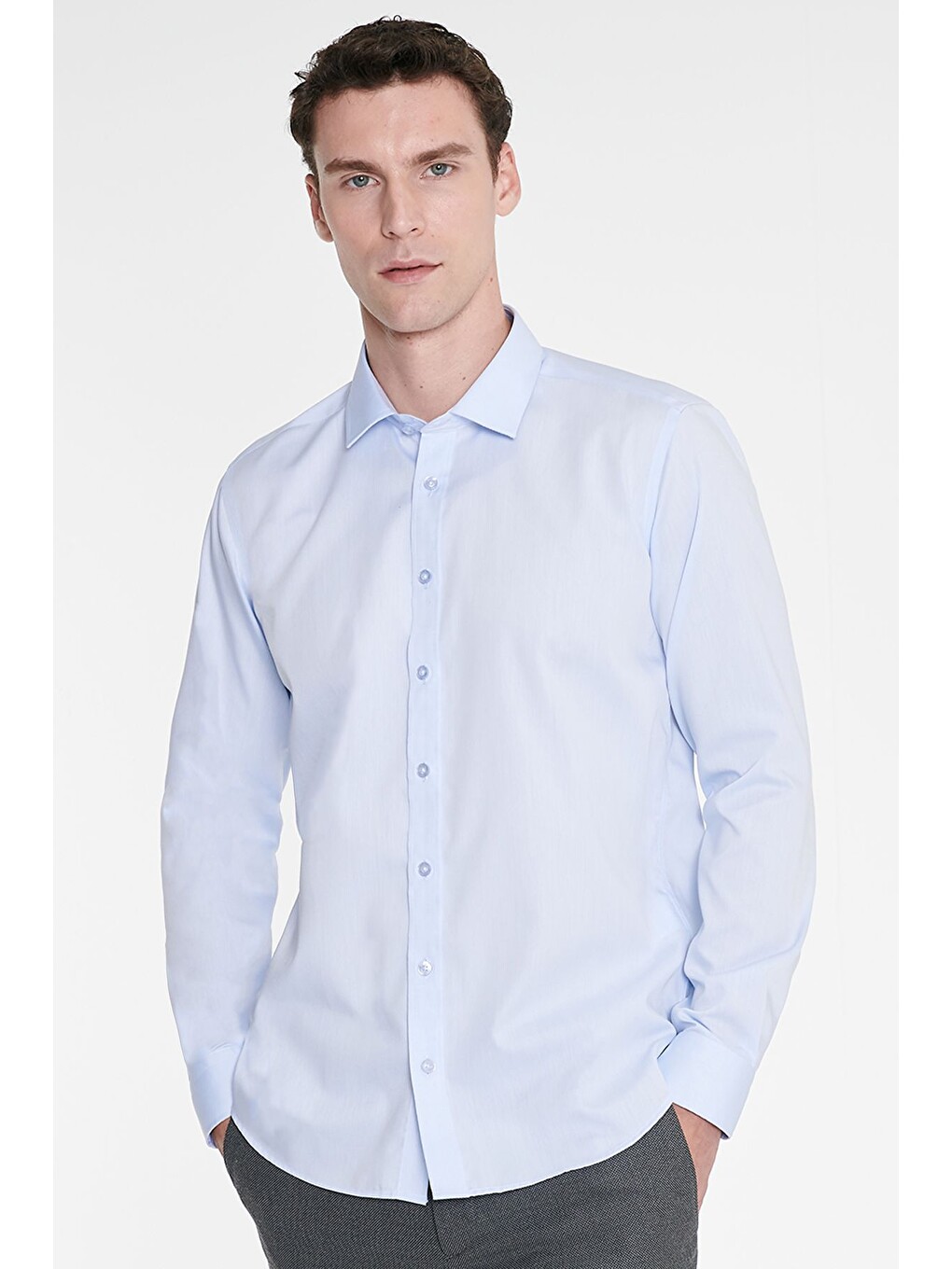 Erkek Açık Mavi Non-ıron Ütü Gerektirmeyen %100 Pamuk Slim Fit Dar Kesim Klasik Yaka Gömlek-2