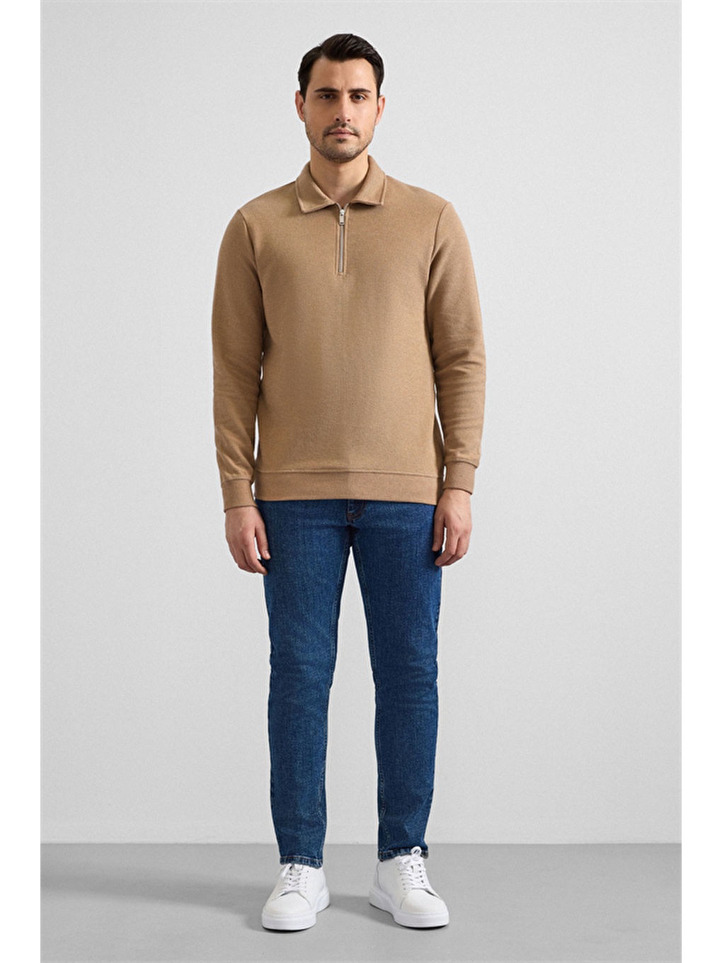 Kahverengi Kiremit Regular Düz Yarım Balıkçı Yaka Sweatshirt-6