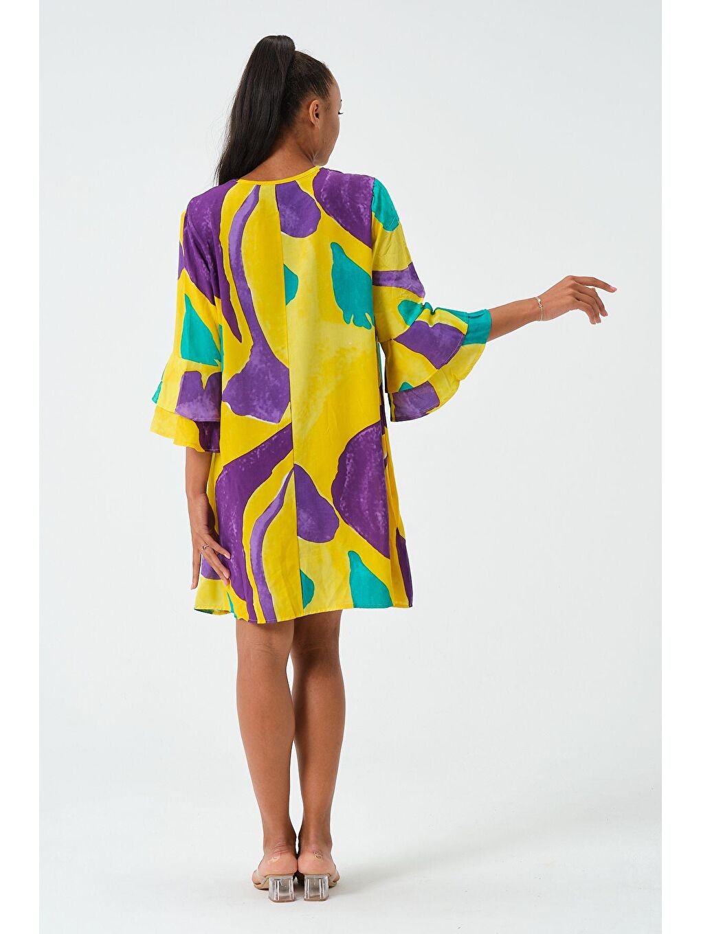 Sarı Kadın Desenli  Elbise (5569)-1