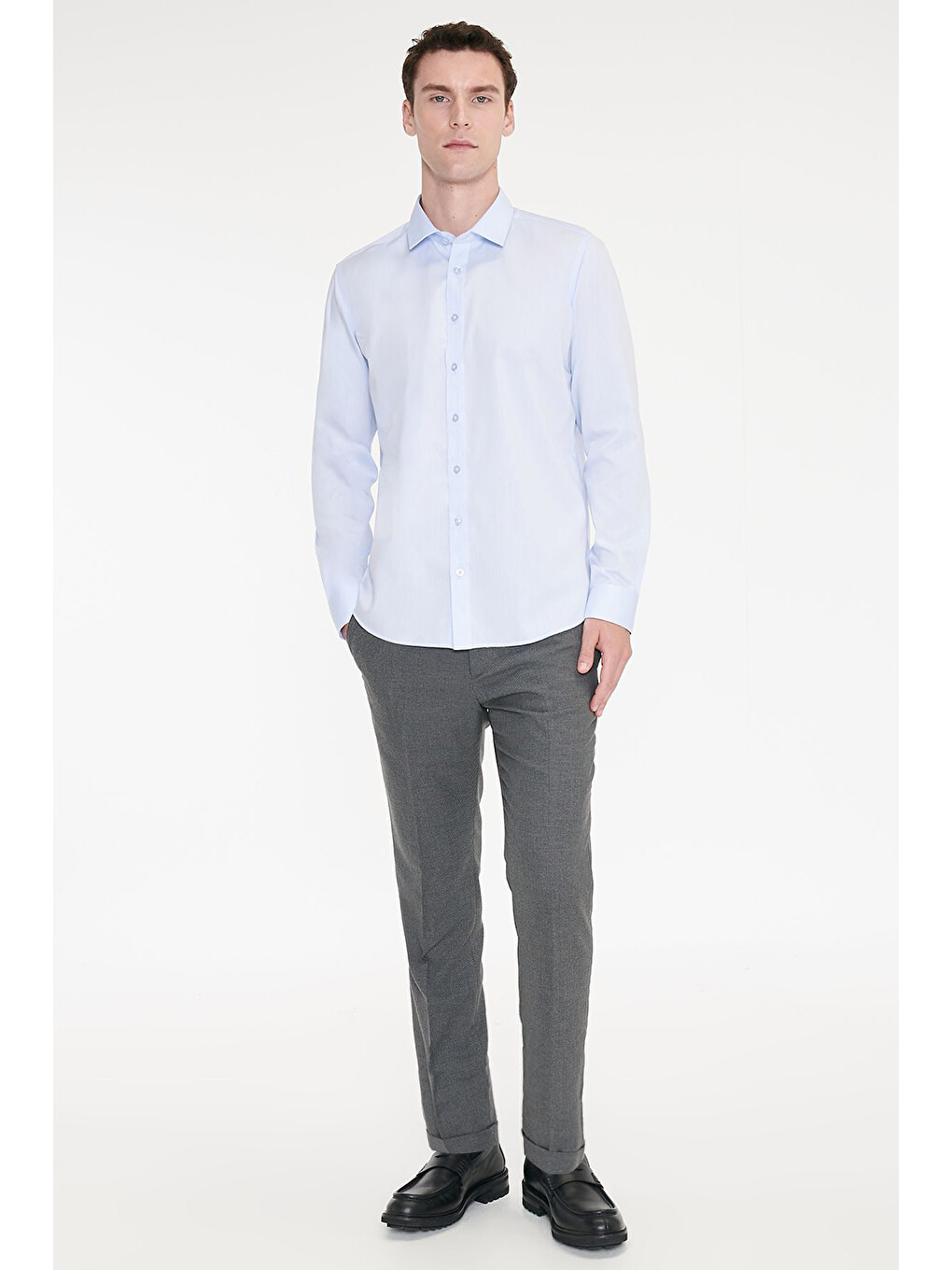 Erkek Açık Mavi Non-ıron Ütü Gerektirmeyen %100 Pamuk Slim Fit Dar Kesim Klasik Yaka Gömlek-3