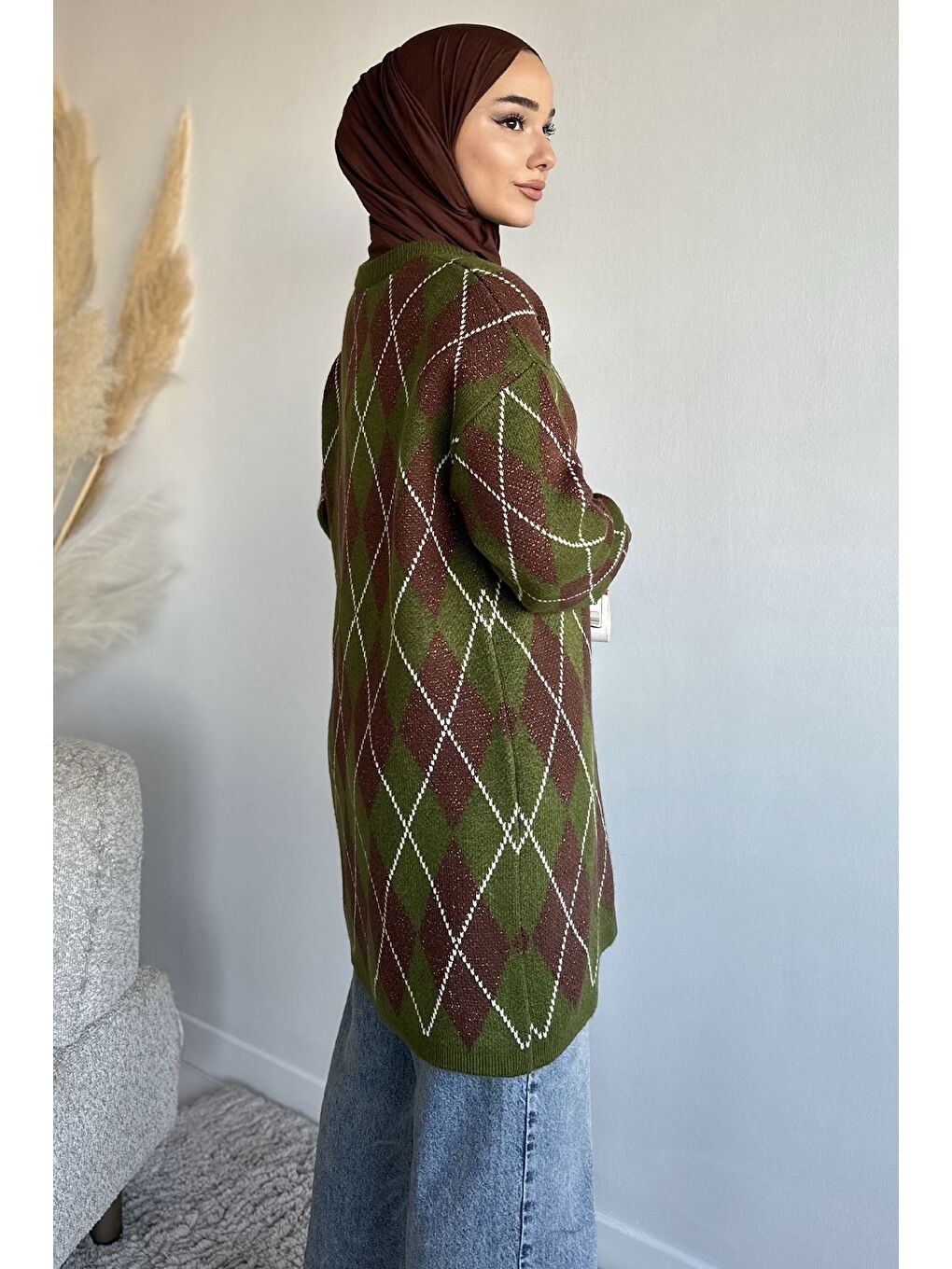 Haki Gülseli Desenli Simli Tesettür Triko Tunik-5
