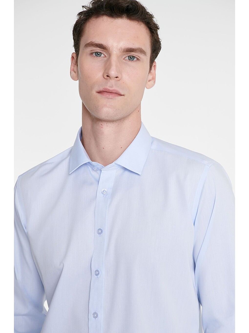 Erkek Açık Mavi Non-ıron Ütü Gerektirmeyen %100 Pamuk Slim Fit Dar Kesim Klasik Yaka Gömlek-4