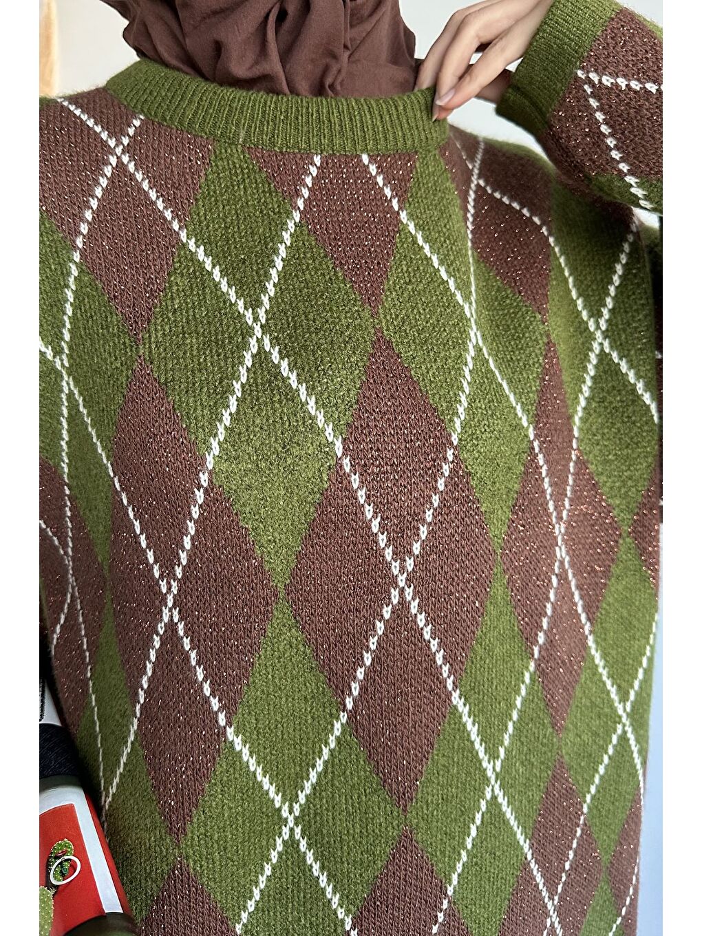 Haki Gülseli Desenli Simli Tesettür Triko Tunik-6