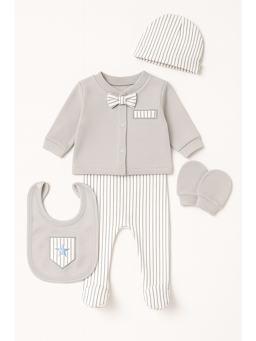 Gri Erkek Bebek Kutulu Papyonlu 5li Hastane Çıkış Seti