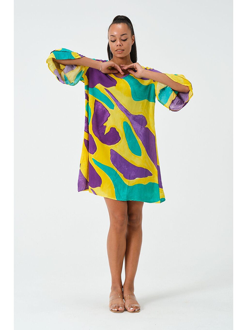 Sarı Kadın Desenli  Elbise (5569)-2