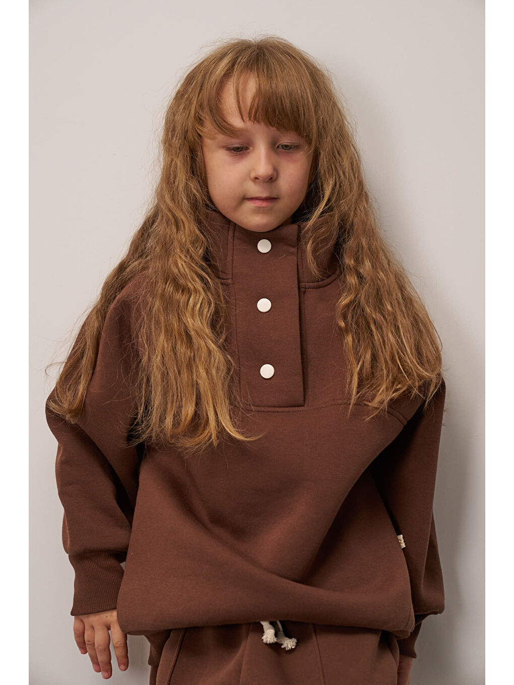 Kahverengi Kahve Dik Yaka Çıt Çıtlı Çocuk Sweatshirt-5