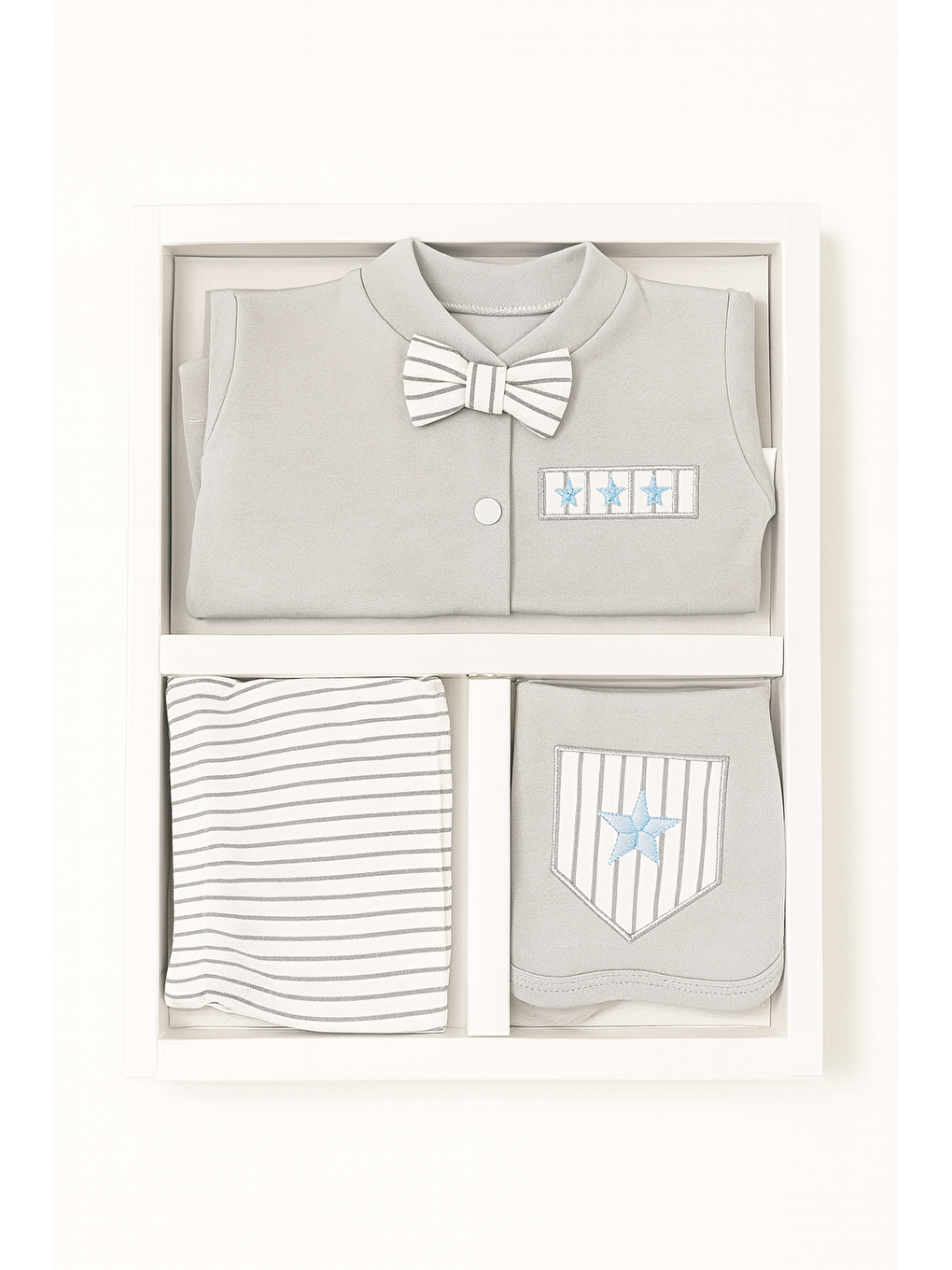 Gri Erkek Bebek Kutulu Papyonlu 5li Hastane Çıkış Seti-1