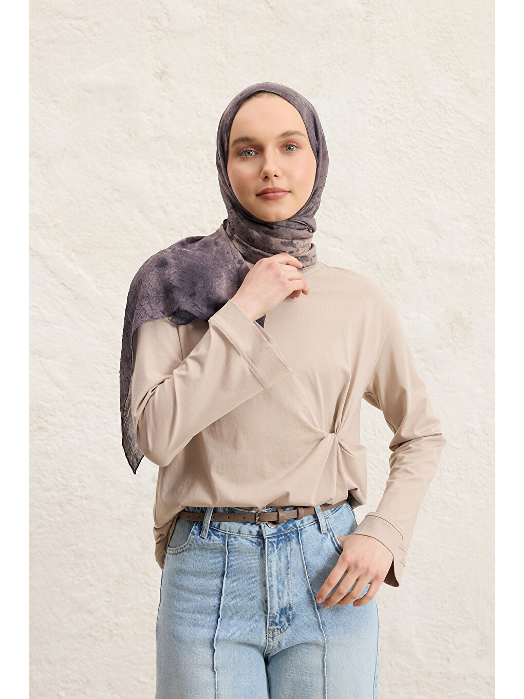 Bej Vela Desenli Pamuk Şal Vizon-3