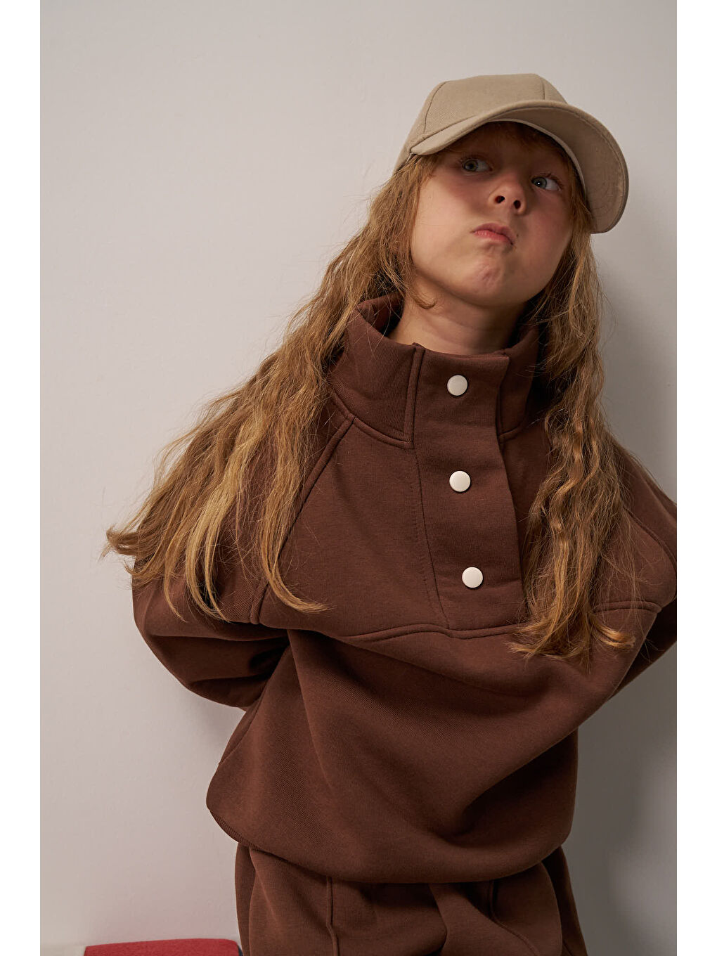 Kahverengi Kahve Dik Yaka Çıt Çıtlı Çocuk Sweatshirt-6