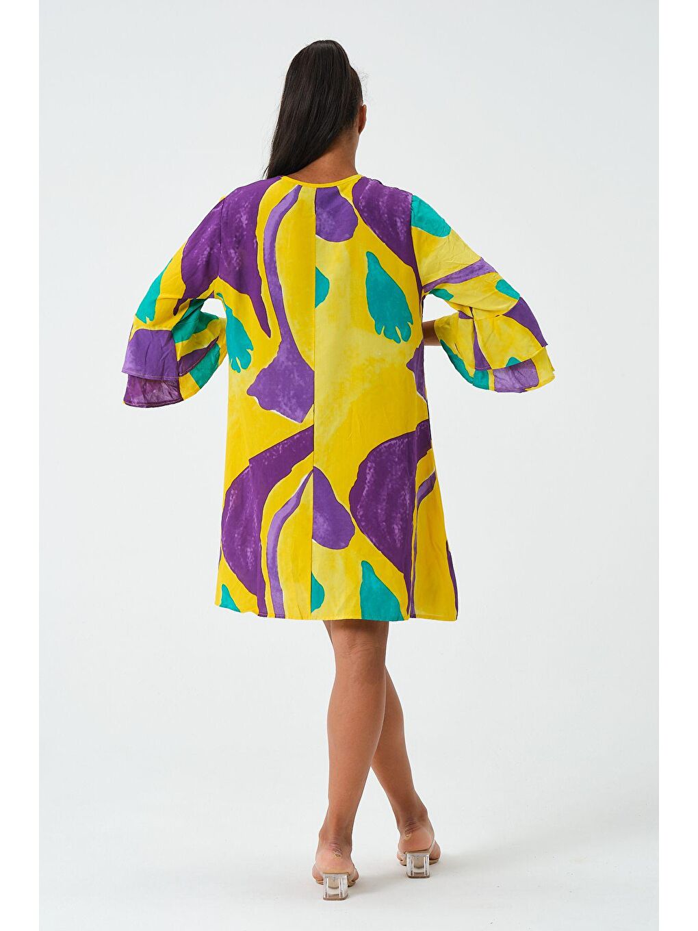 Sarı Kadın Desenli  Elbise (5569)-3