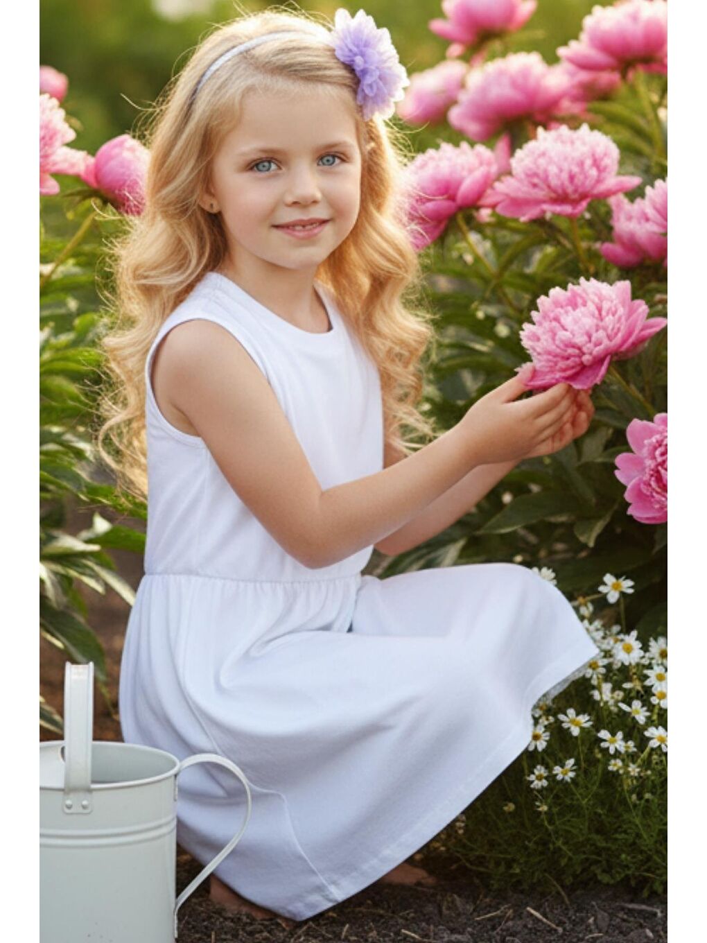 Beyaz Kız Çocuk Krem Elbise Lila Toka Takım-1