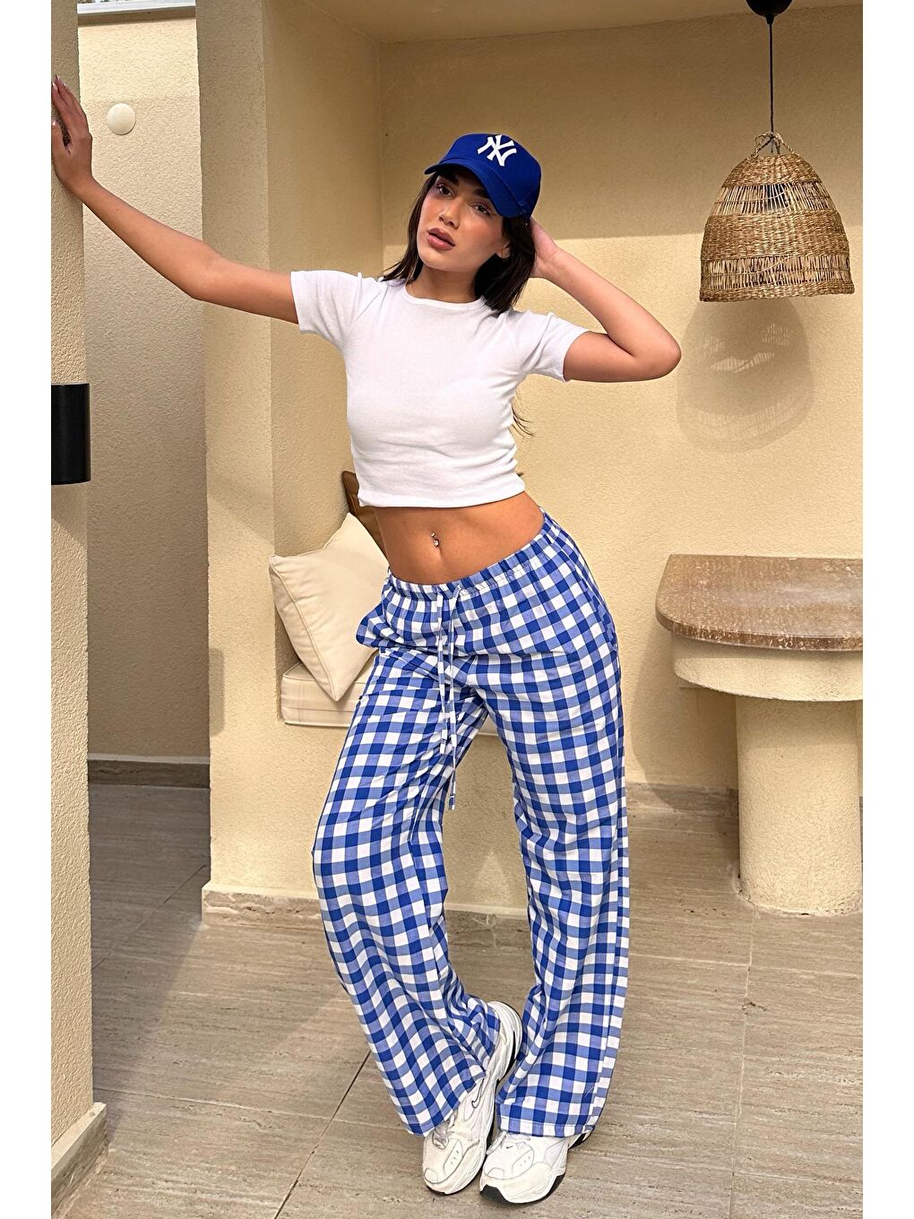 Mavi Saks Ekoseli Kadın Pantolon Mg2401-1