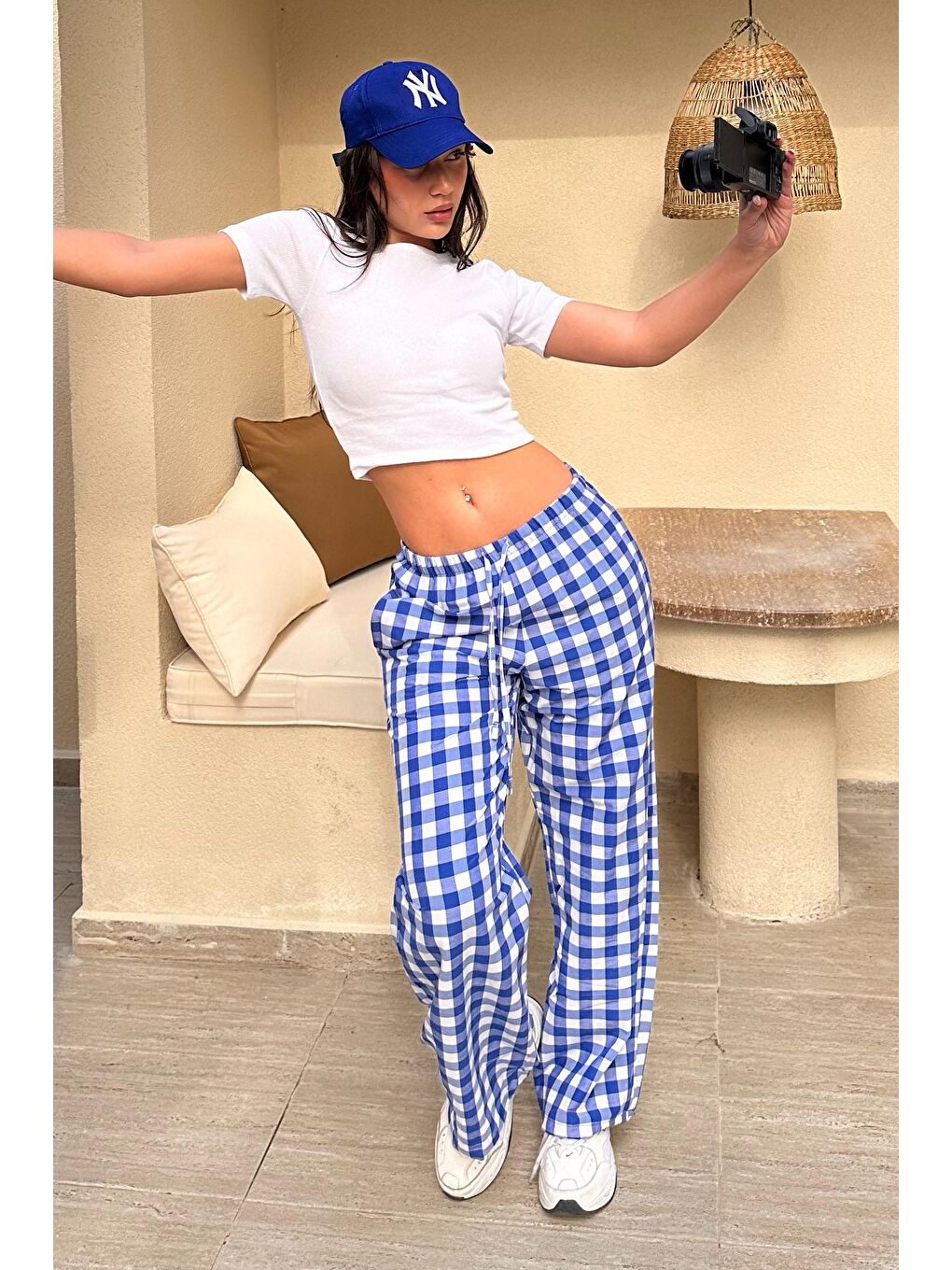 Mavi Saks Ekoseli Kadın Pantolon Mg2401-2