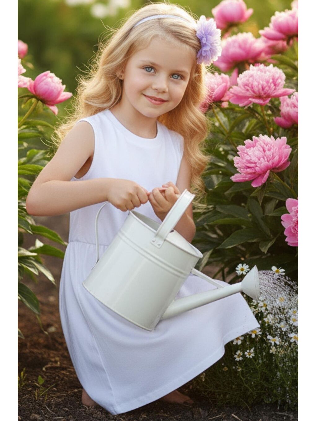 Beyaz Kız Çocuk Krem Elbise Lila Toka Takım-2