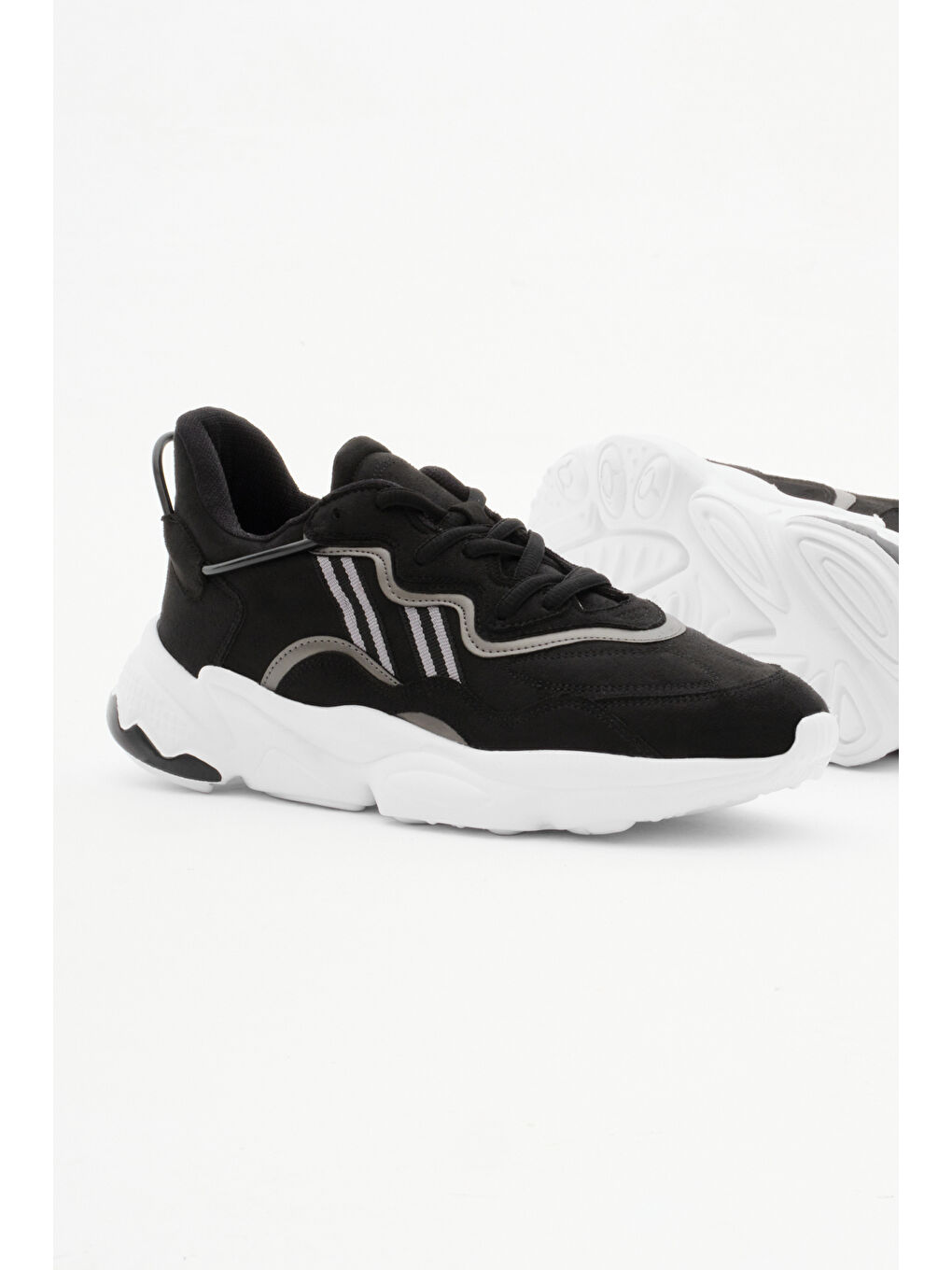 Unisex Siyah Süet Rahat Kalıp Yüksek Taban Şeritli Bağcıklı Spor Ayakkabı-3