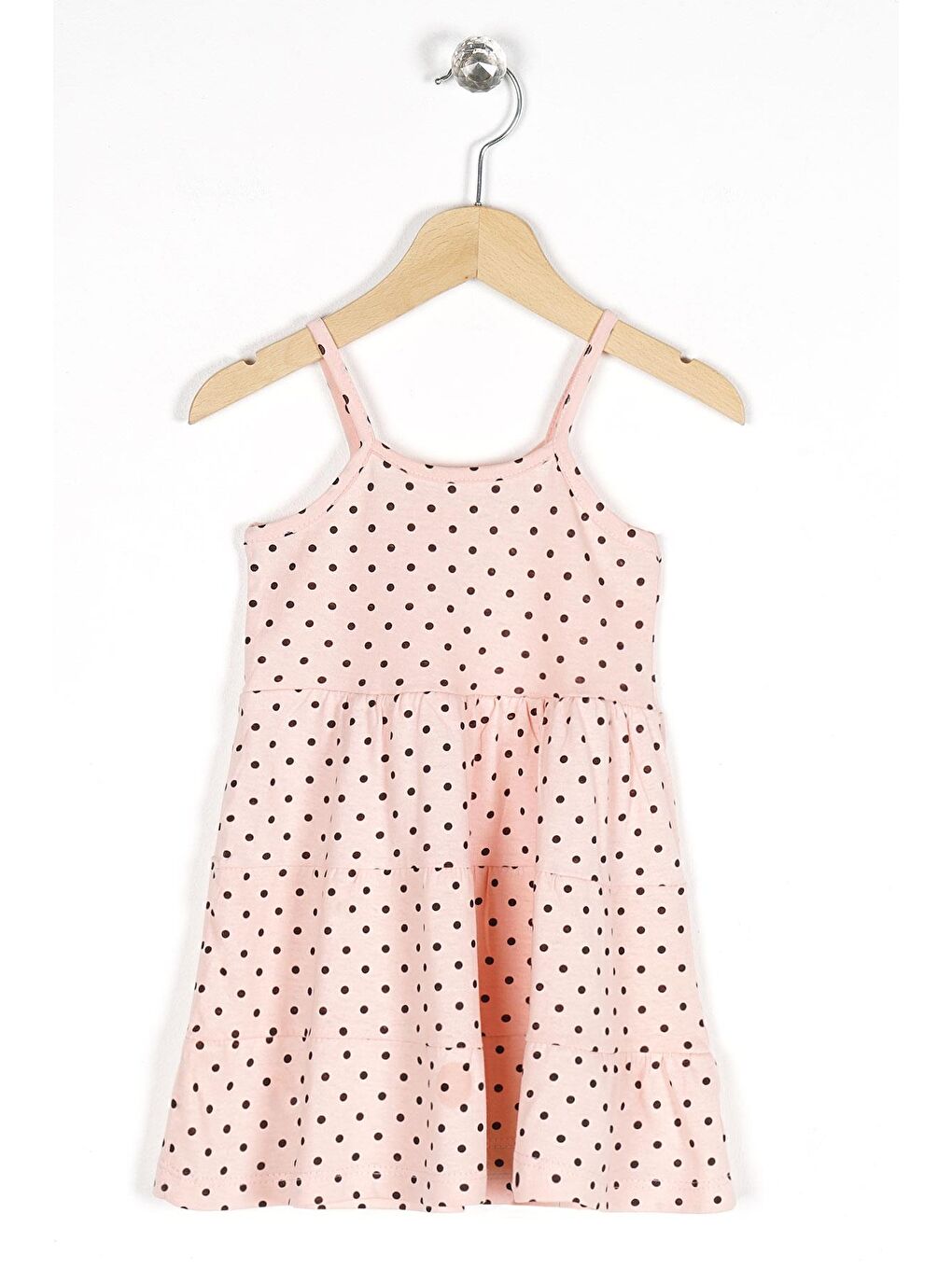 Siyah Askılı Puantiye Baskı - Pudra Renk Kız Çocuk Elbise