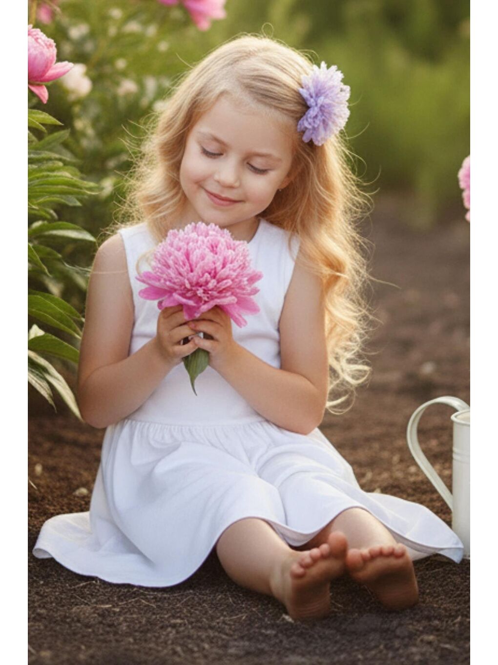 Beyaz Kız Çocuk Krem Elbise Lila Toka Takım-3